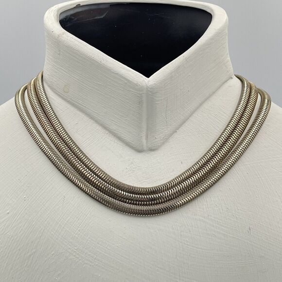 Vintage MONET 3 Strand Snake Herringbone Chunky Gold Tone Chain Necklace Tiered - Picture 7 of 7